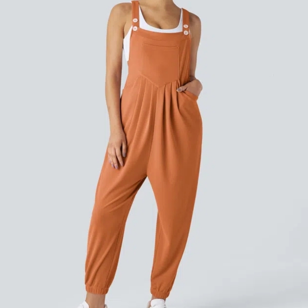 HALARA Apricot Orange Pockets Waffle Casual Jogger Overalls